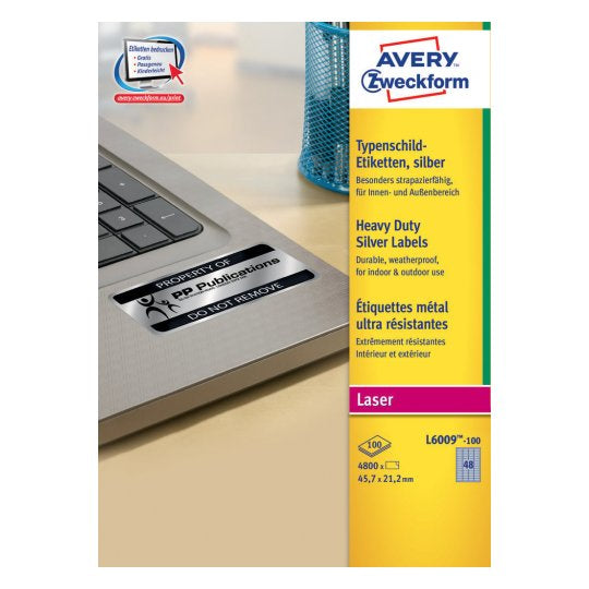AVERY Zweckform – Typenschild-Etiketten, 46 mm × 21 mm, silber, Polyester, permanent, 4800 Stück (100 Blatt)