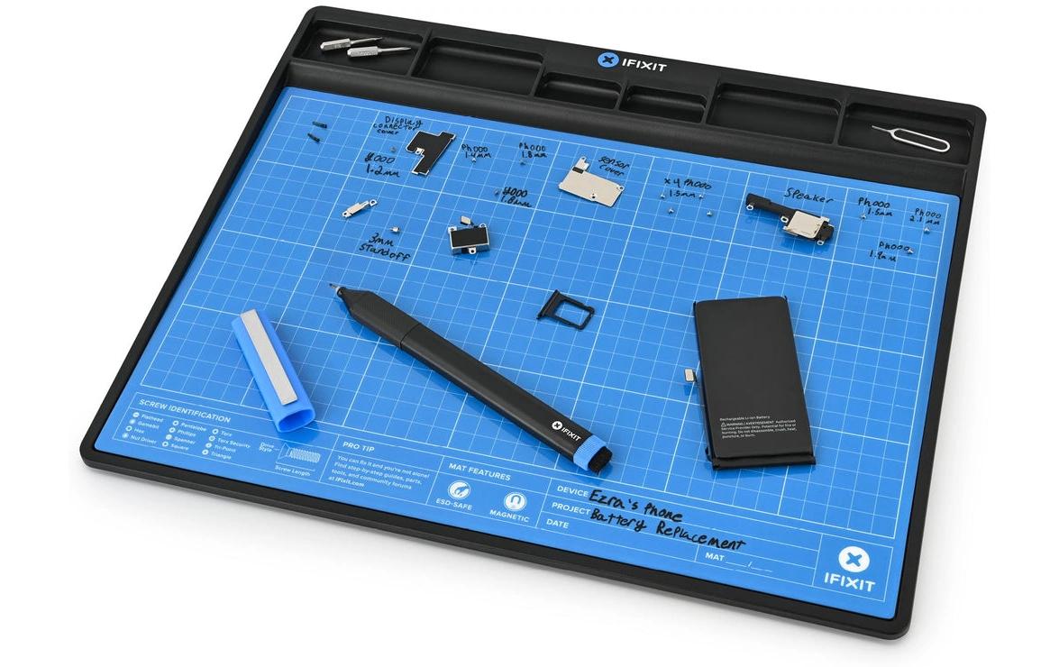 iFixit Magnetmatte – 300 × 250 mm, antistatisch, Bithalter, Stift, schwarz/blau/weiss