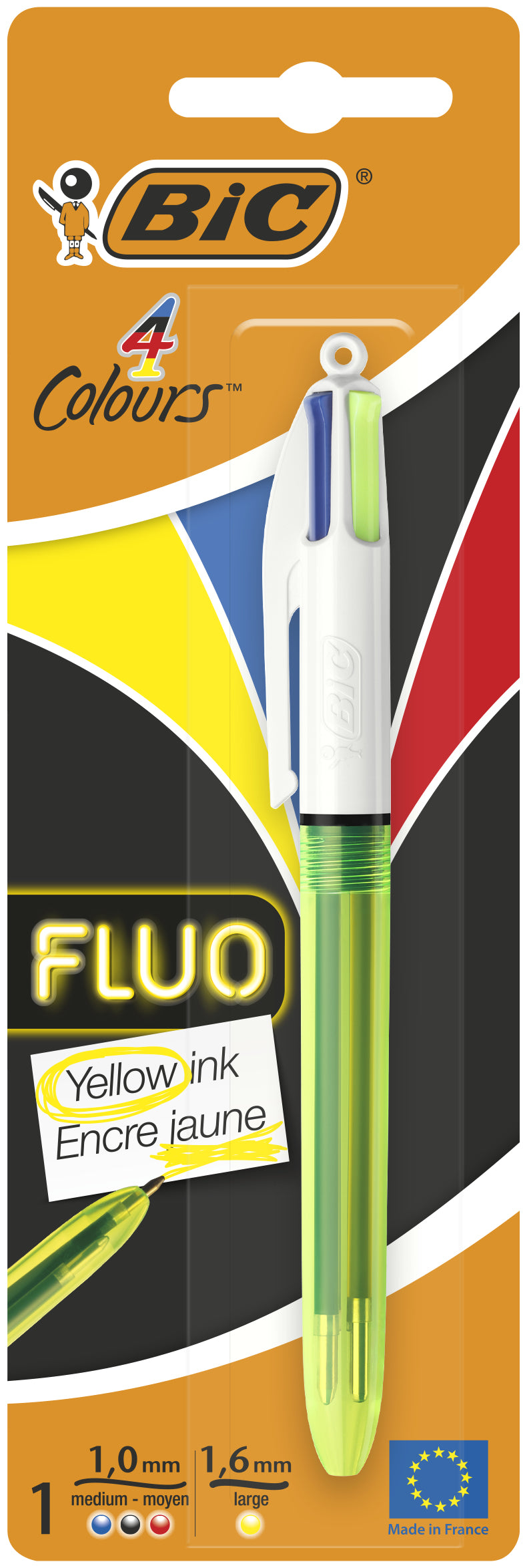 BIC Fluo 933949 Multifunktions-Kugelschreiber – 4 Farben (Schwarz/Blau/Rot/Gelb), Spitze 1,6 mm, Druck