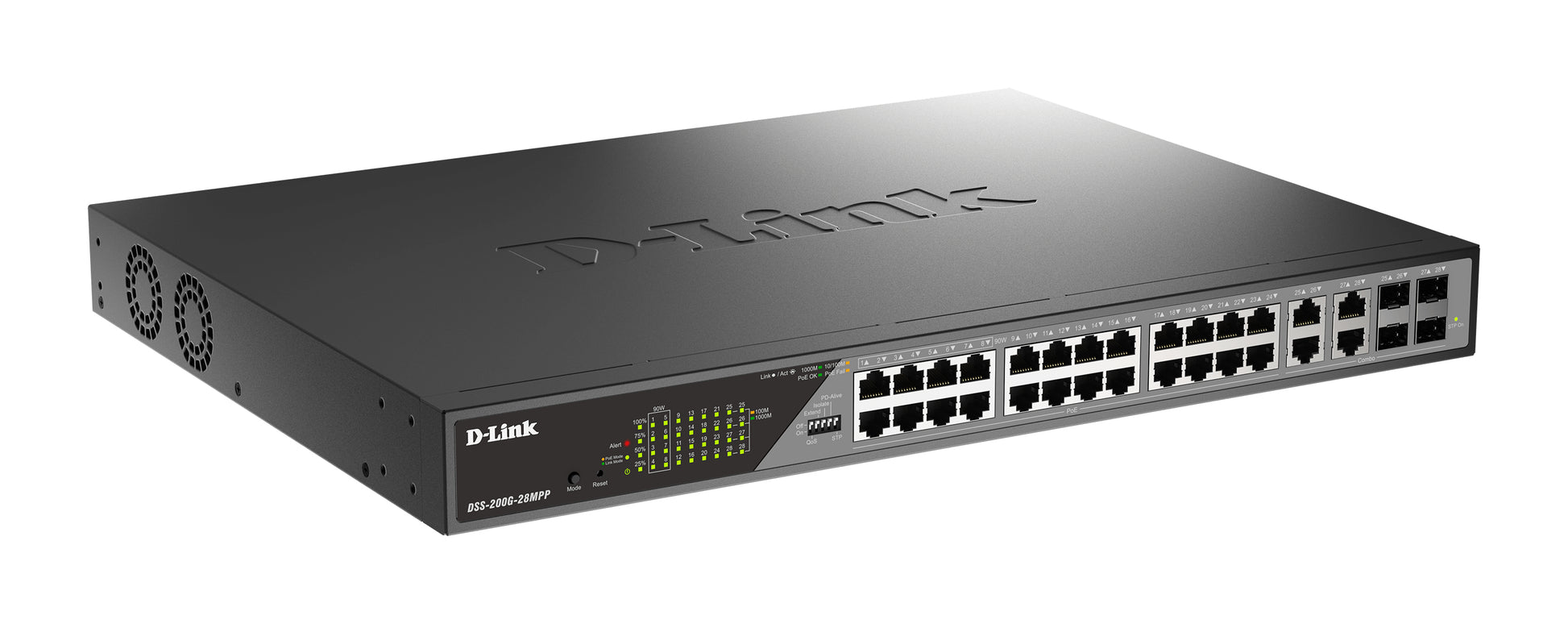 D-Link DSS-200G-28MPP/E – Managed Gigabit Switch, 24x RJ-45, 4x Combo RJ-45/SFP, 24x PoE (30 W/Port, 518 W total)