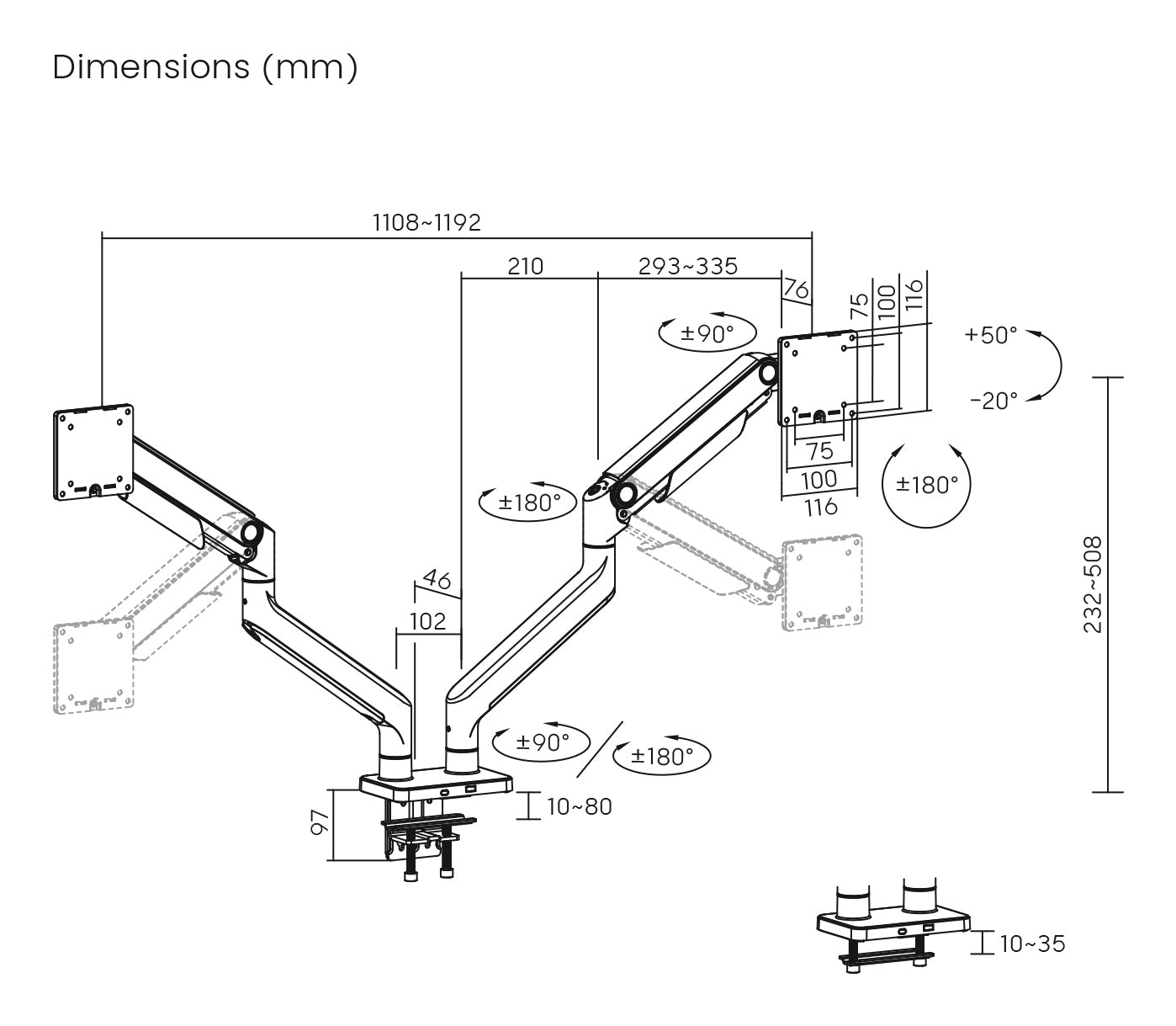 Digitus Monitorarm Tischhalterung – Klemme/Durchführung – 2 Monitore – bis 45" – VESA 75×75/100×100 mm