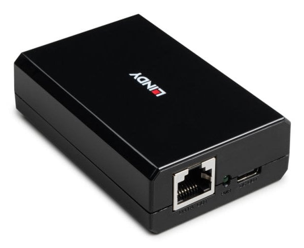 Lindy 73474 PoE zu USB-C Splitter – Gigabit, 1× USB-C (PD), 2× RJ-45 (1 In/1 Out), Schwarz
