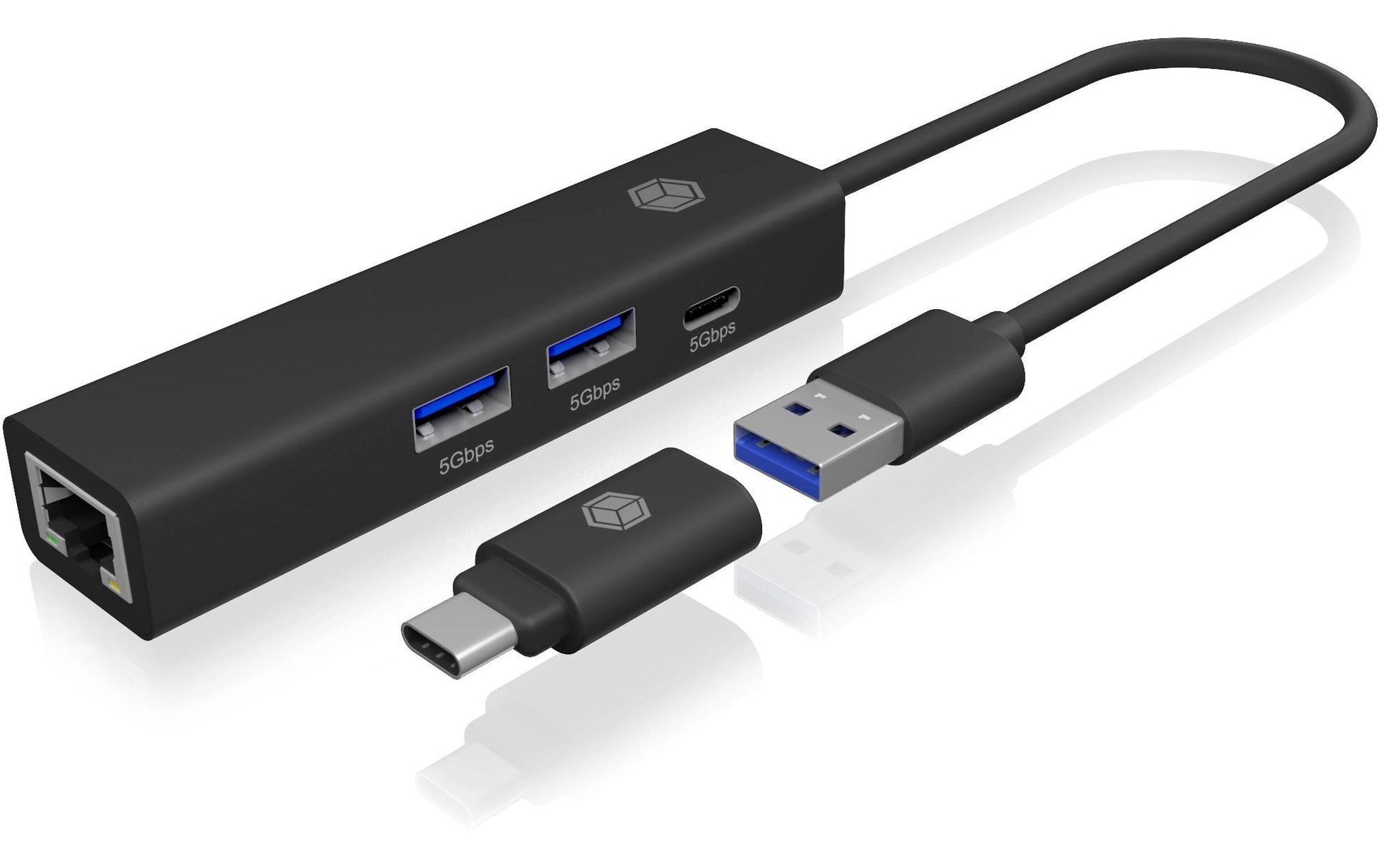 ICY BOX IB-1439-LAN USB-Hub – USB-A, 2× USB-A, 1× USB-C, GbE, für Windows/Mac/ChromeOS