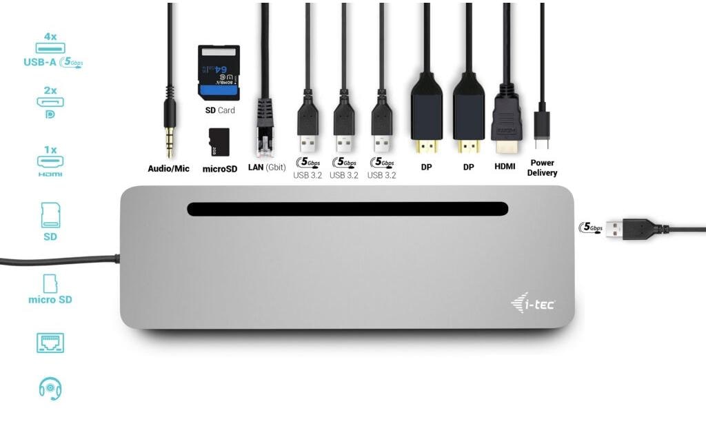 i-tec Dockingstation – USB-C, 2× DP, HDMI, 4× USB-A, 100 W PD, GbE, für Windows/Mac/ChromeOS