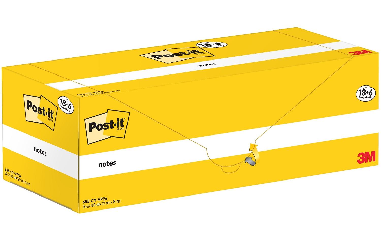 Post-it Haftnotizen – 127 × 76 mm – Gelb, 100 Blatt/Block, 24er-Pack, PEFC