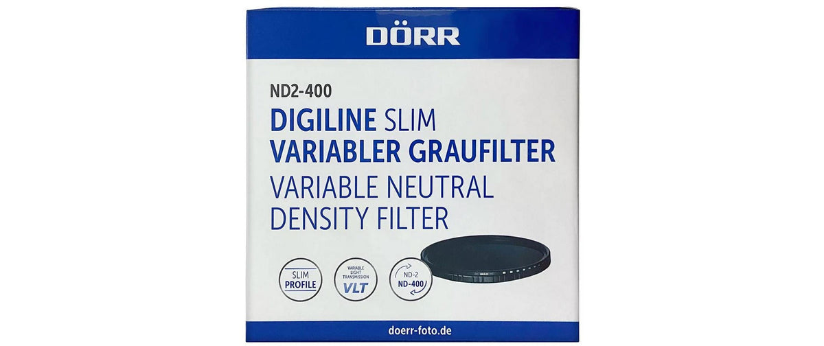 Dörr Digiline Slim Variabler Graufilter ND2-400 – 86 mm, 1–8,5 Blenden, Metall/Glas – mit Tragetasche – Schwarz