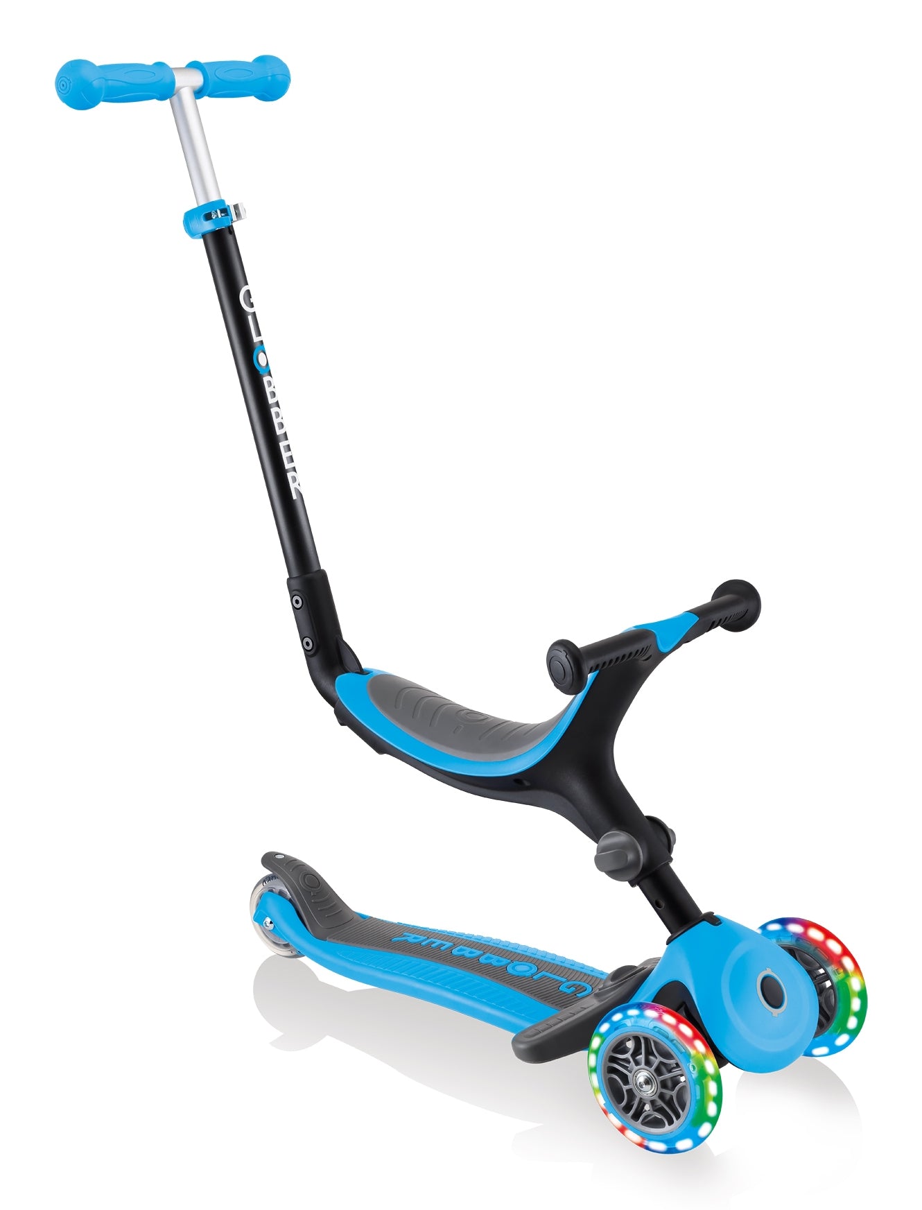 Globber GO UP Foldable Plus Lights Dreiradroller – faltbar, höhenverstellbar – hellblau – ab 1,2 J. – 50 kg