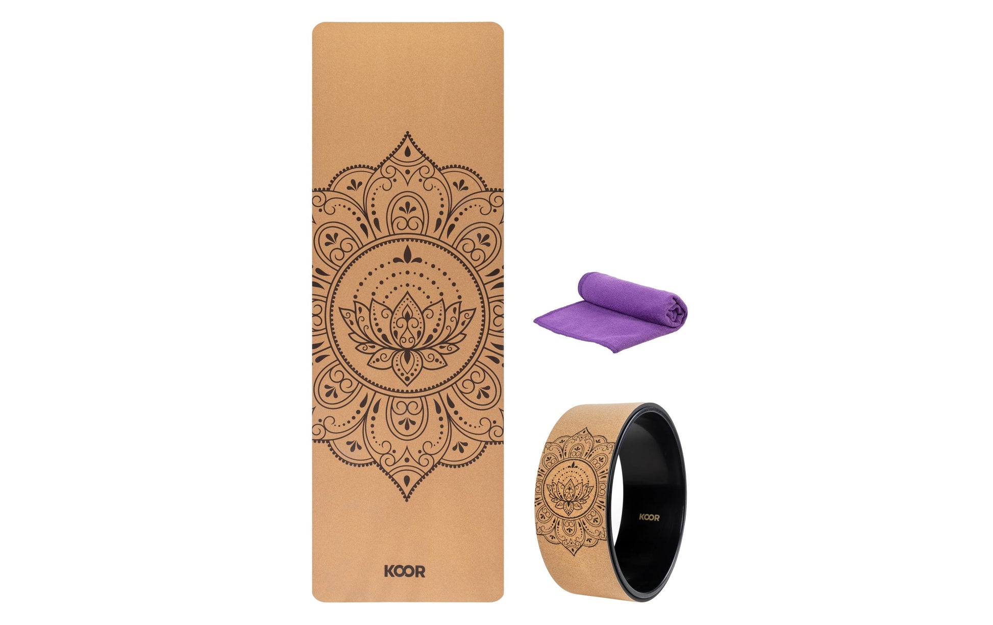 KOOR Yoga-Set – 183 × 61 × 0,4 cm – 3-teilig, inkl. Übungsband, Aufbewahrungsbox – braun/lila – Kork