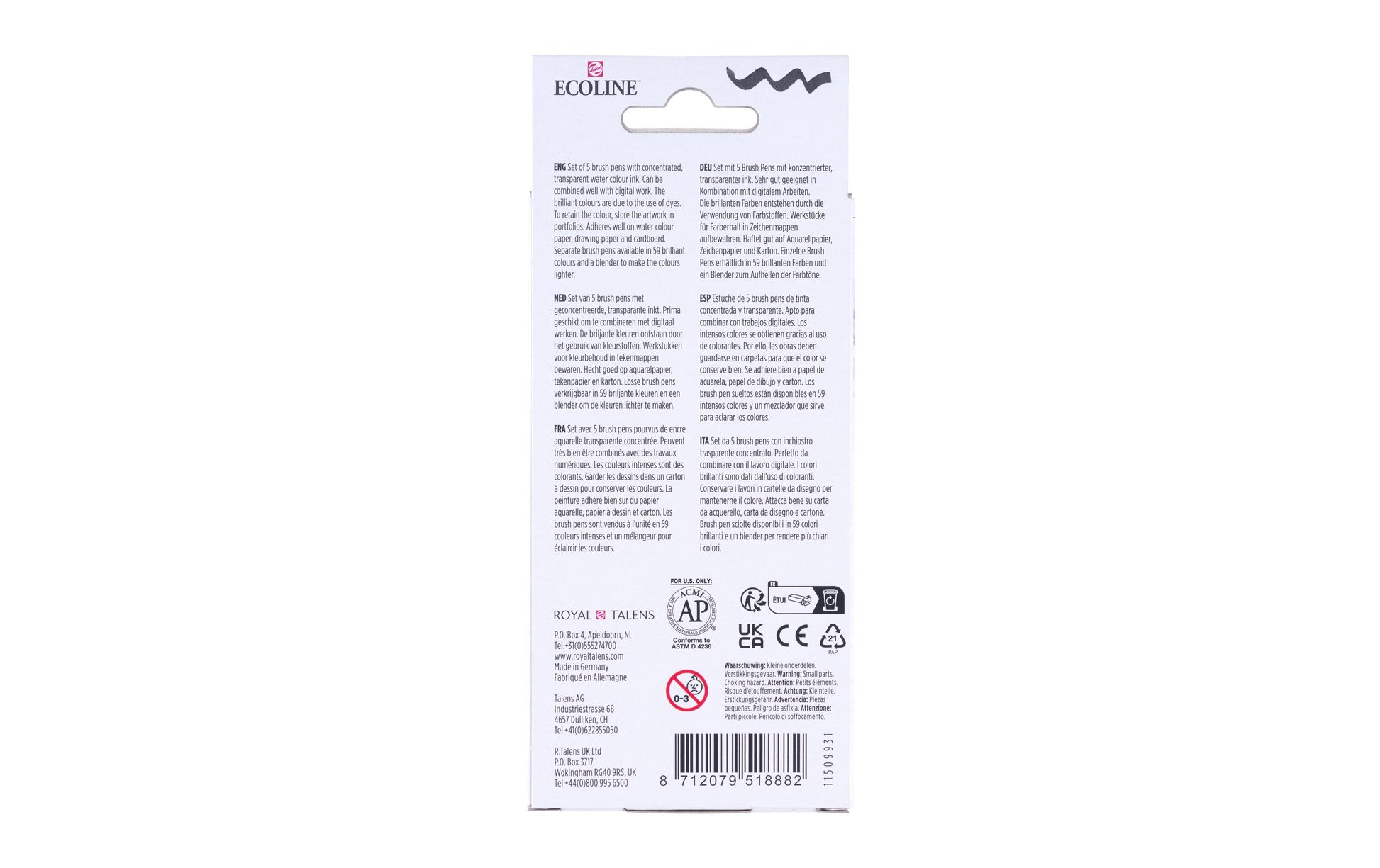 Talens Ecoline Brush Pen Pastell – Pinselspitze, wasservermalbar, 5 Farben