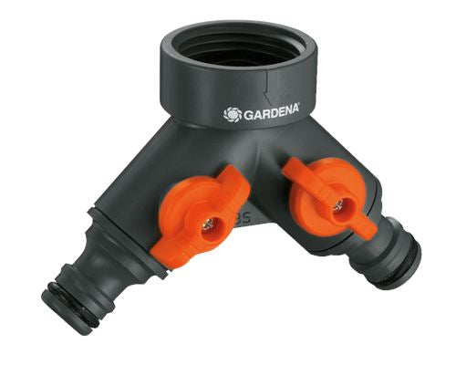 Gardena 2-Wege-Ventil – G1 (33,3 mm), Kunststoff, Schwarz/Orange, 2 Ausgänge, für Wasserhähne mit G1-Gewinde