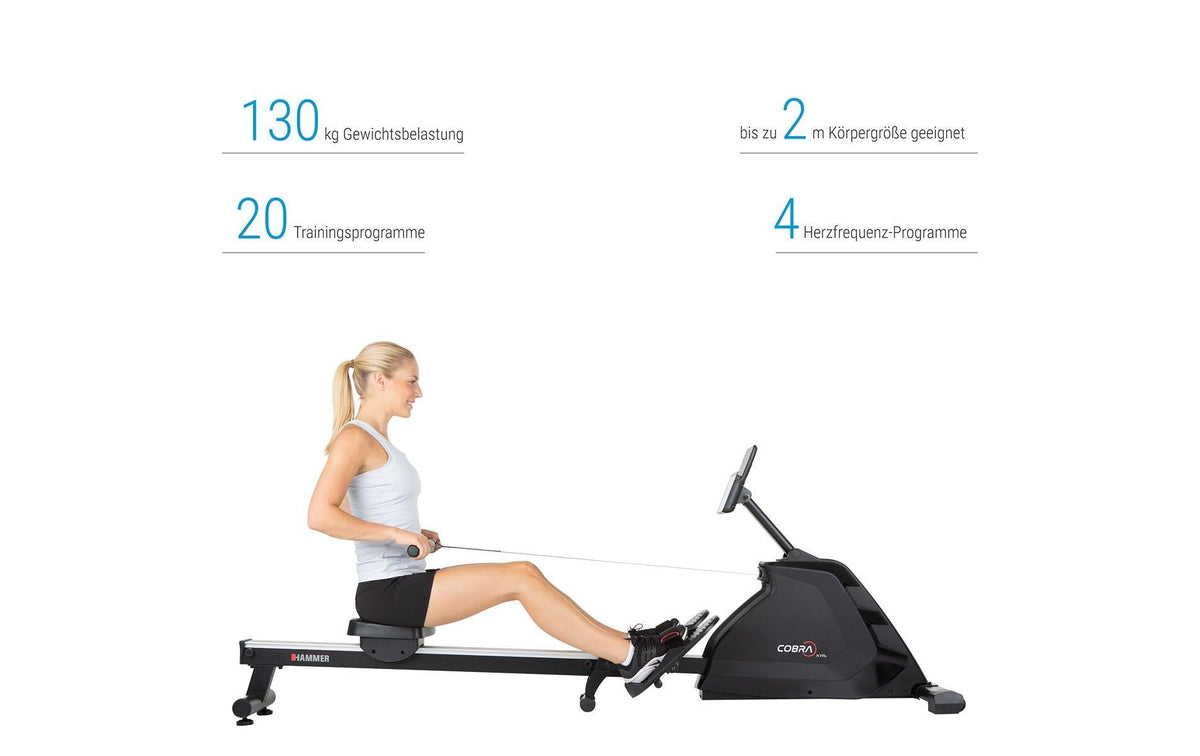 HAMMER Rudergerät Cobra XTR Plus II, 130 kg, 232 × 55 × 75 cm – Schwarz