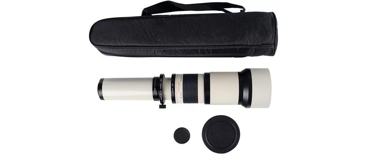 Dörr 650–1300mm Teleobjektiv – f/8–16 – für T2-Bajonett, 95mm Filter, 1,85 kg, Weiss