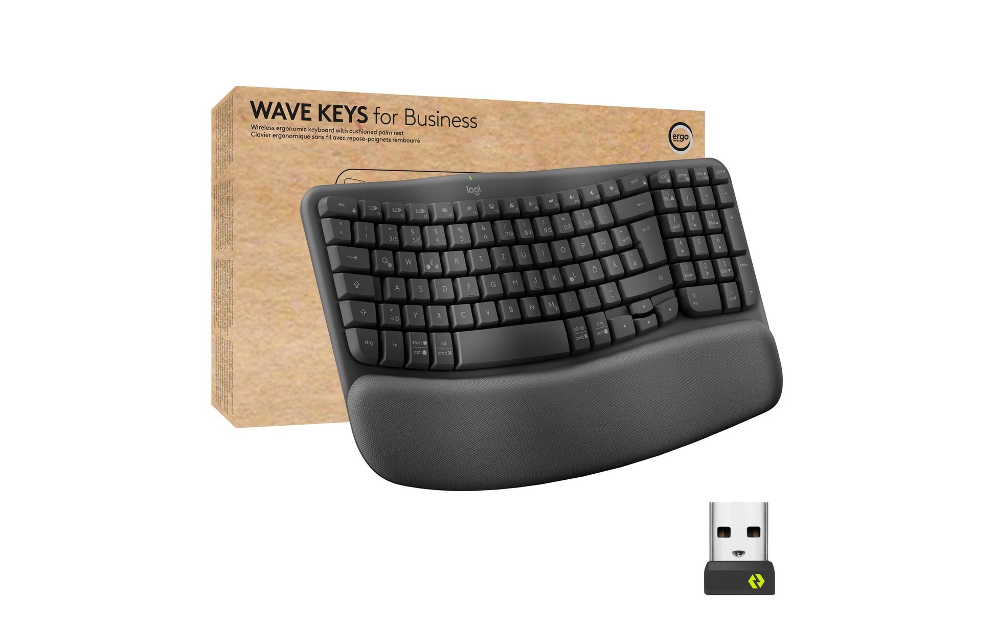 Logitech Wave Keys Ergonomisch – Tastatur, Kabellos (Bluetooth/2,4 GHz), US-Layout (EN), Ergonomisch, Grau