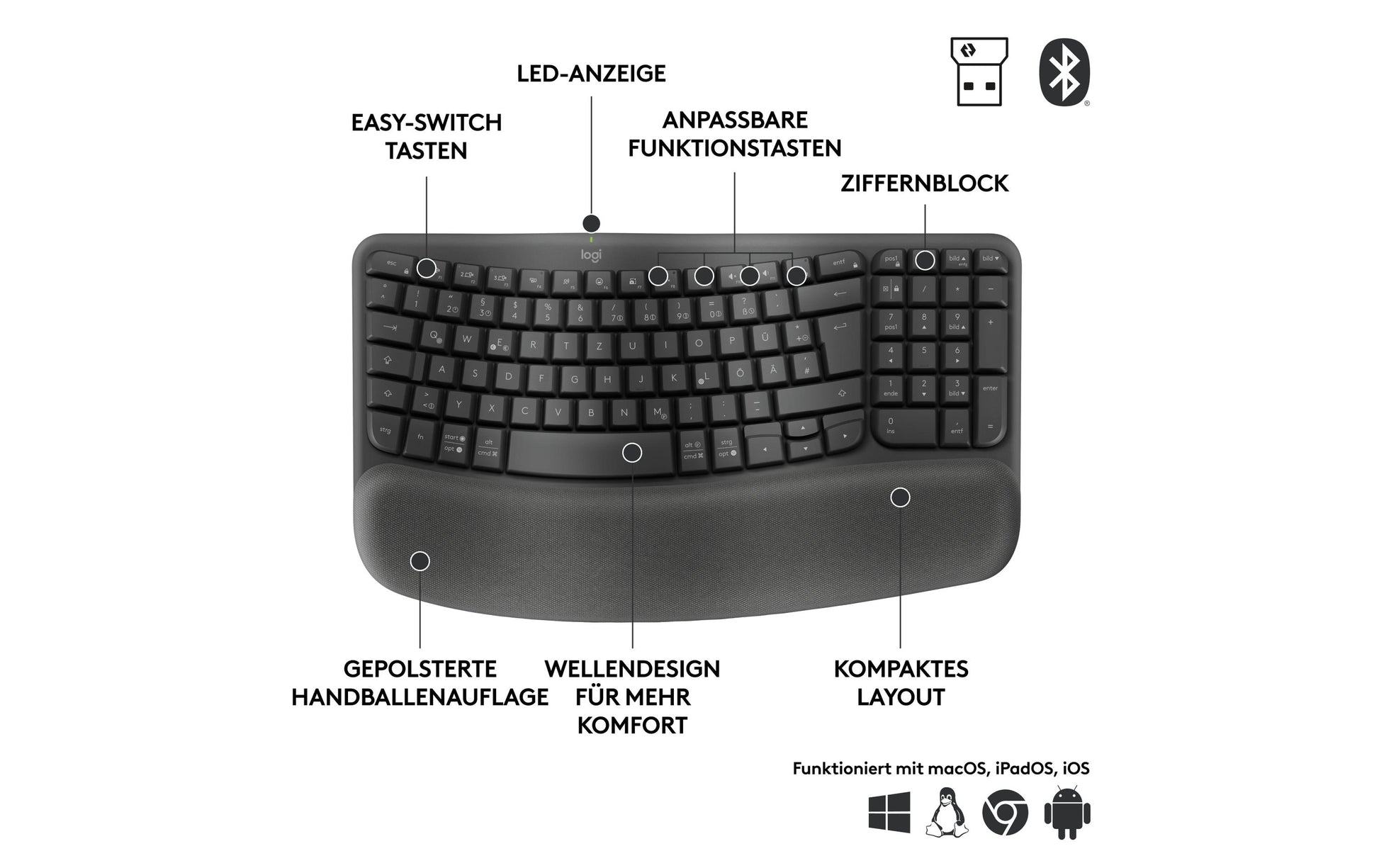Logitech Wave Keys Ergonomisch – Tastatur, Kabellos (Bluetooth/2,4 GHz), US-Layout (EN), Ergonomisch, Grau
