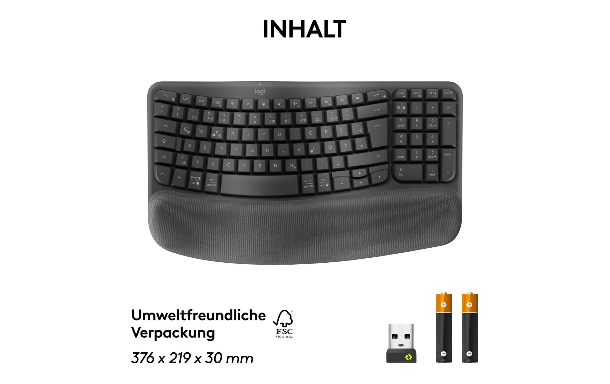 Logitech Wave Keys Ergonomisch – Tastatur, Kabellos (Bluetooth/2,4 GHz), US-Layout (EN), Ergonomisch, Grau