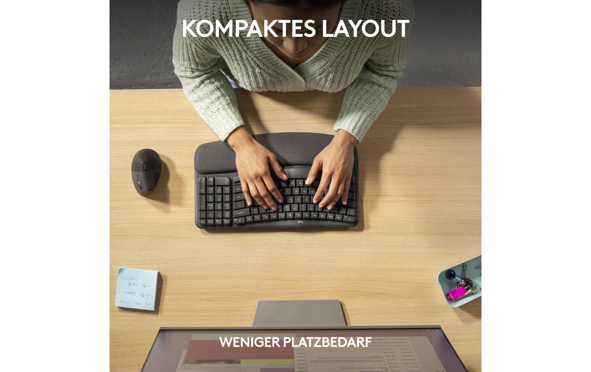 Logitech Wave Keys Ergonomisch – Tastatur, Kabellos (Bluetooth/2,4 GHz), US-Layout (EN), Ergonomisch, Grau