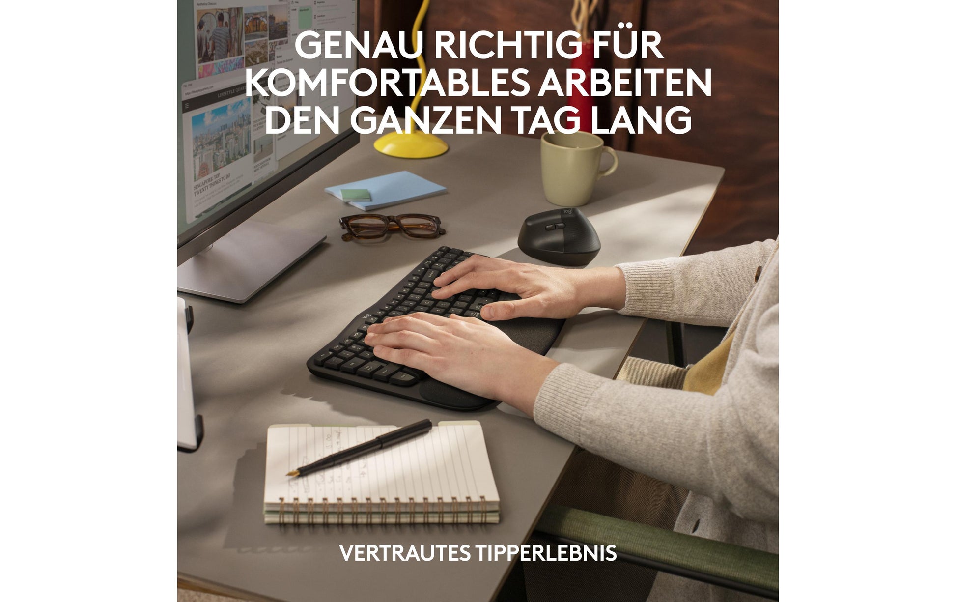 Logitech Wave Keys Ergonomisch – Tastatur, Kabellos (Bluetooth/2,4 GHz), US-Layout (EN), Ergonomisch, Grau