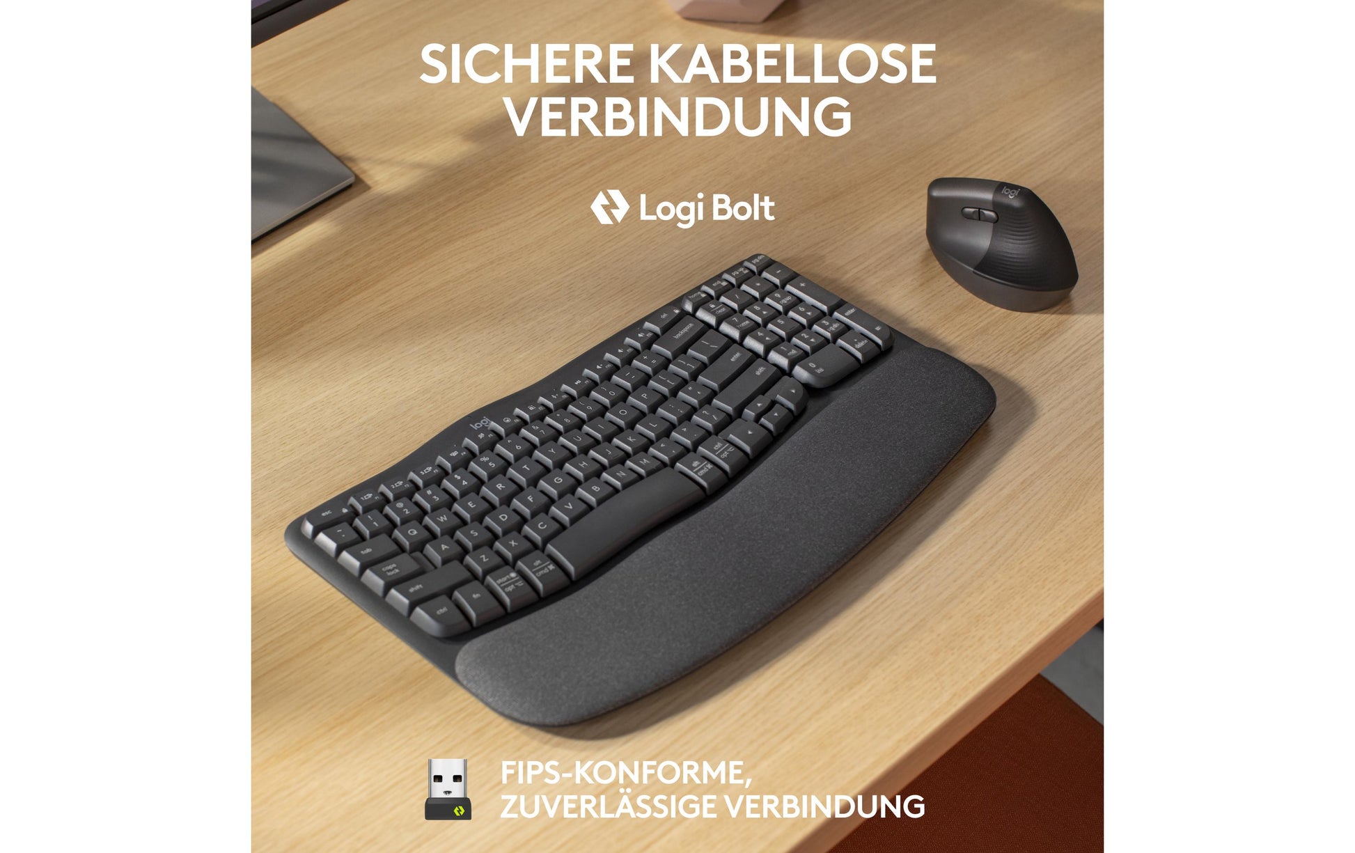Logitech Wave Keys Ergonomisch – Tastatur, Kabellos (Bluetooth/2,4 GHz), US-Layout (EN), Ergonomisch, Grau