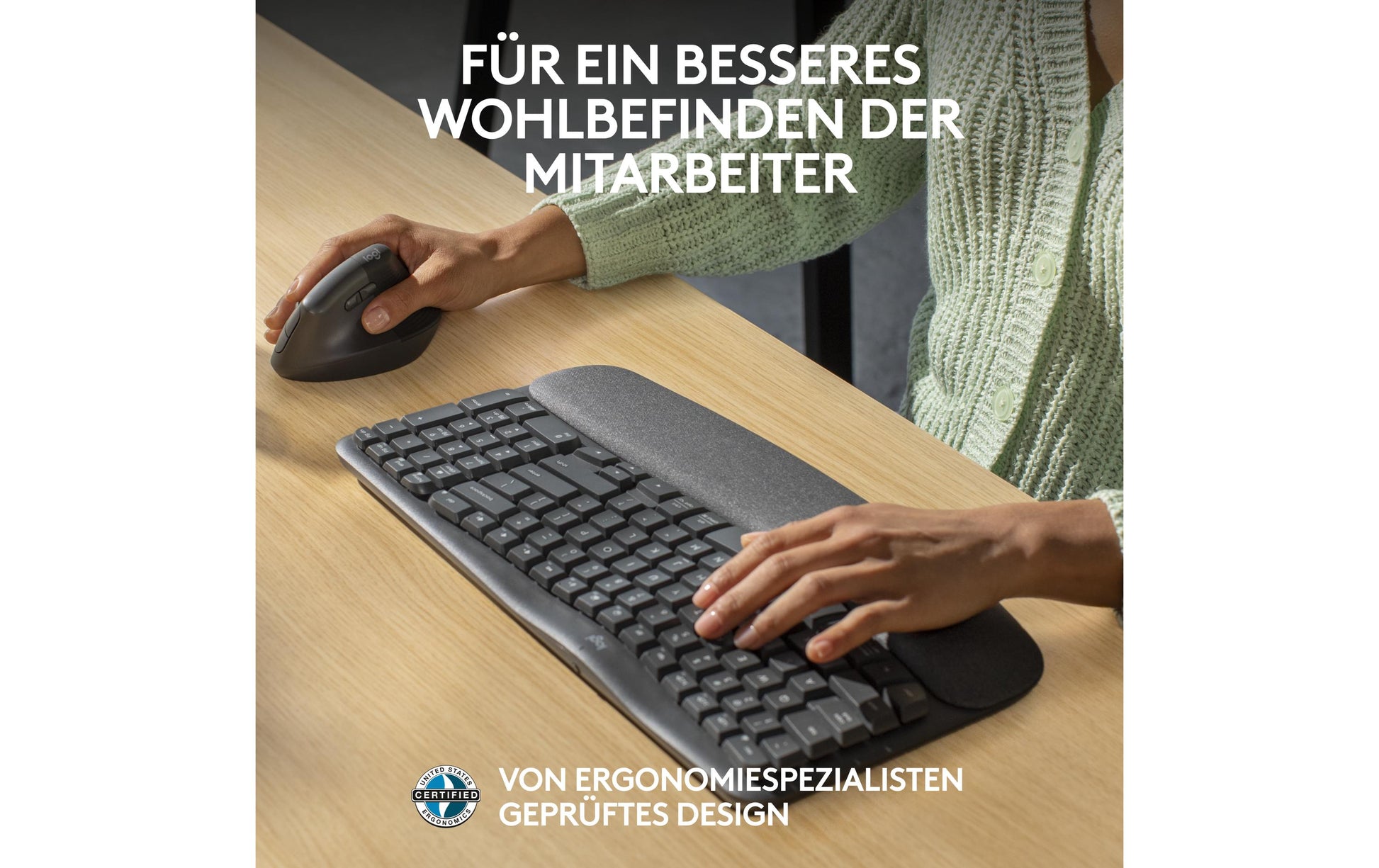 Logitech Wave Keys Ergonomisch – Tastatur, Kabellos (Bluetooth/2,4 GHz), US-Layout (EN), Ergonomisch, Grau