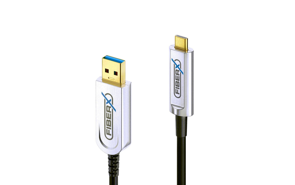 FiberX USB-A auf USB-C Kabel – USB 3.2 Gen 2 (10 Gbit/s) – 40 m – Aktiv/optisch, Goldstecker – Schwarz