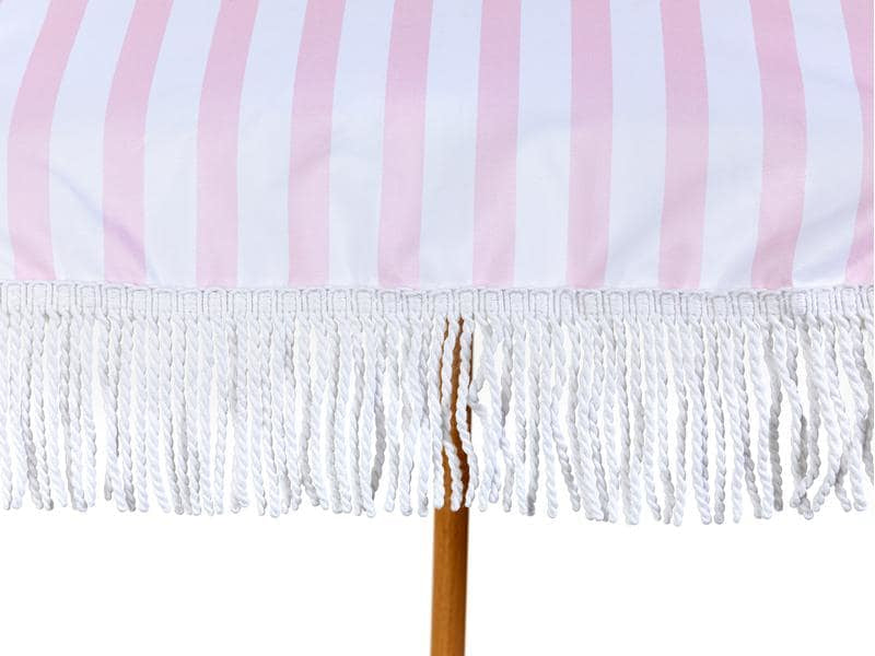 KOOR Strandschirm – rund, gestreift, Holzstange – Ø 150 cm, 180 cm hoch – rosa, weiss – Polyester