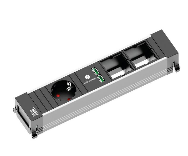 Bachmann POWER FRAME Einbausteckdosenleiste (1×T13 + 2×USB + 2×Leer-Modul), Einbau, 0,2 m – schwarz