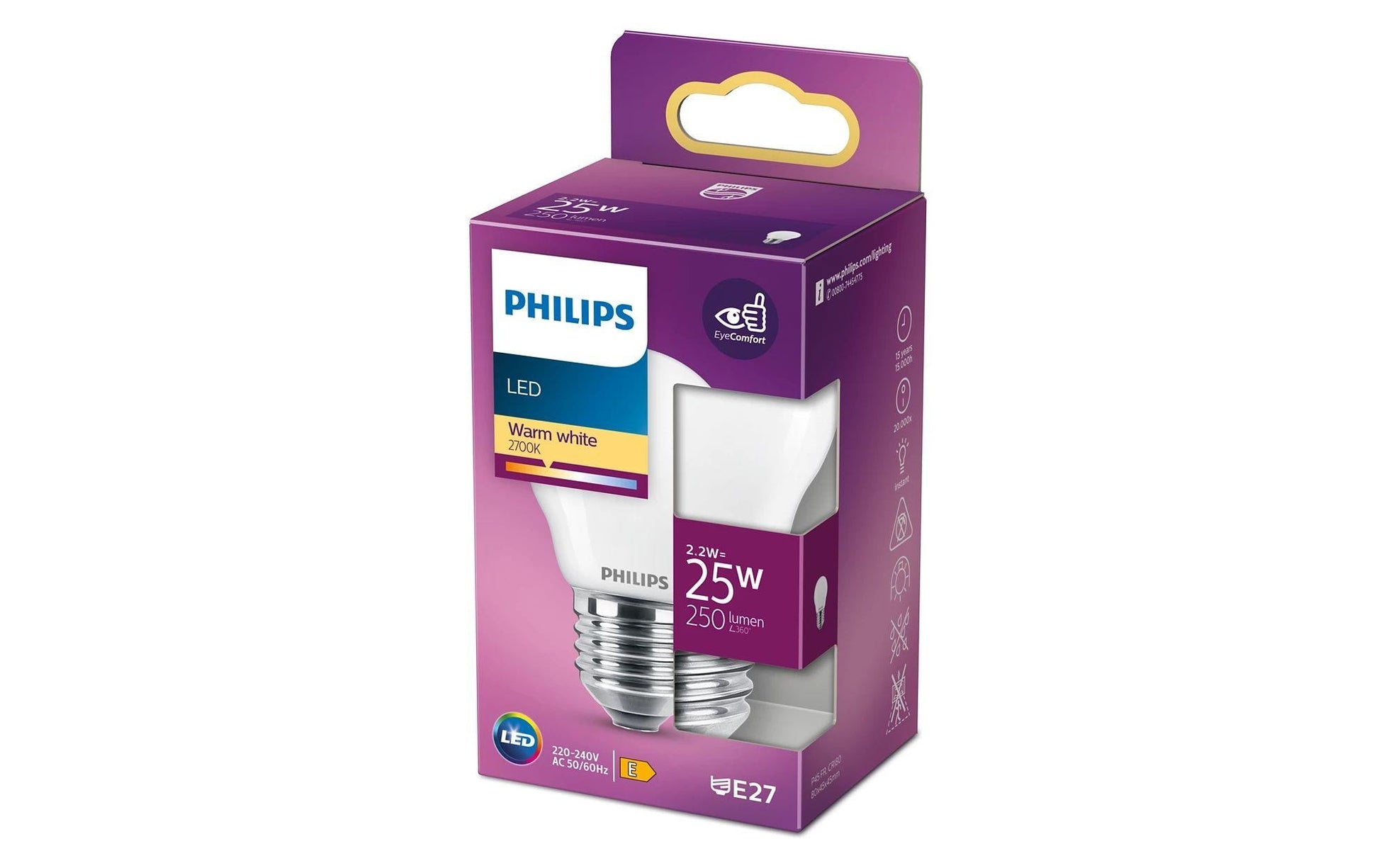 Philips by Signify Philips LED-Leuchtmittel E27 P45 – Warmweiss 2700 K, 250 lm, 2,2 W – IP20 – 1 Stk. – Weiss, Glas