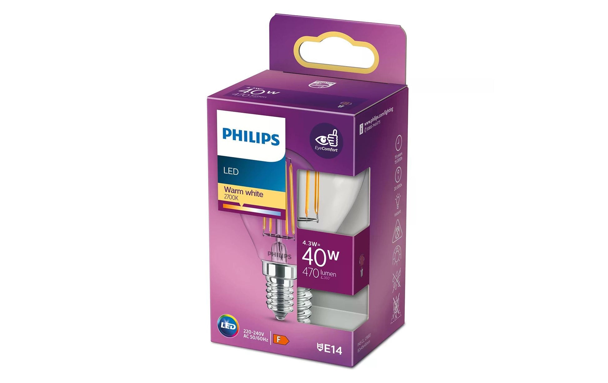 Philips by Signify Philips LED-Leuchtmittel E14 P45 – Warmweiss 2700 K, 470 lm, 4,3 W – 1 Stk., klar