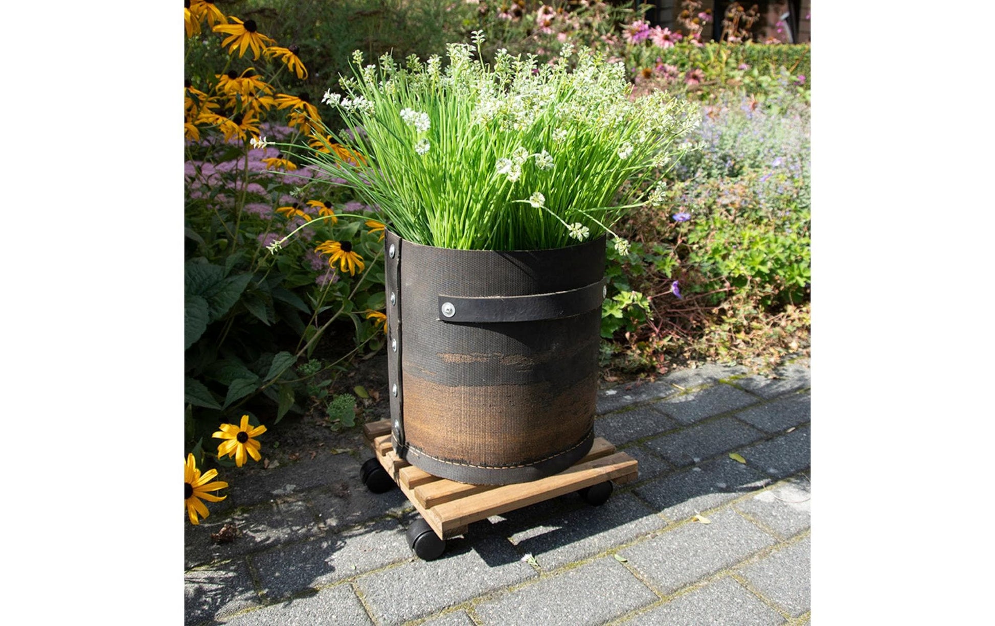 Esschert Design Blumenkübeluntersetzer – Kiefernholz – Braun – mit 4 Schwenkrollen – 291 × 80 × 291 mm