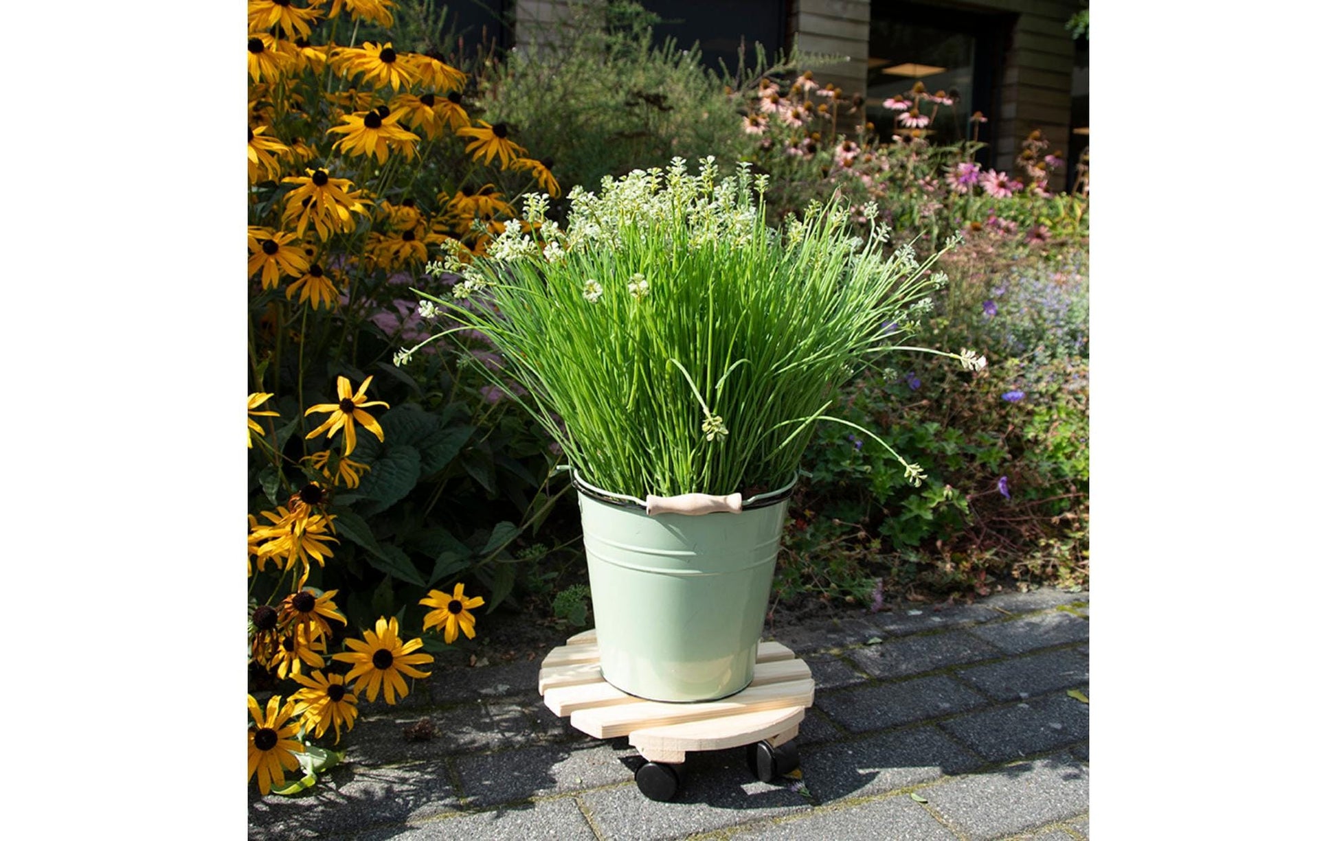 Esschert Design Blumenkübeluntersetzer – Kiefernholz/Polyamid/Polypropylen – Schwarz/Natur – 4 Rollen – Ø 287
