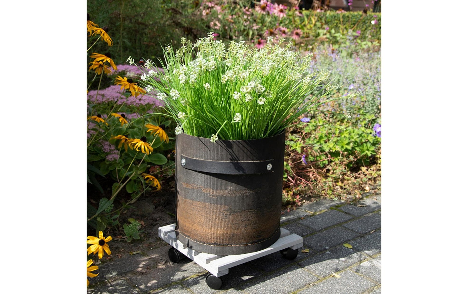 Esschert Design Blumenkübeluntersetzer – Kieferholz/PA/PP – Grau/Schwarz – mit Rollen – 292 × 85 × 292 mm