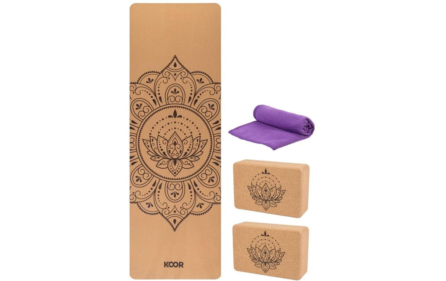 KOOR Yoga-Set (Matte & Block) – 4-teilig – 183 × 61 × 0,4 cm – braun, violett – Kork