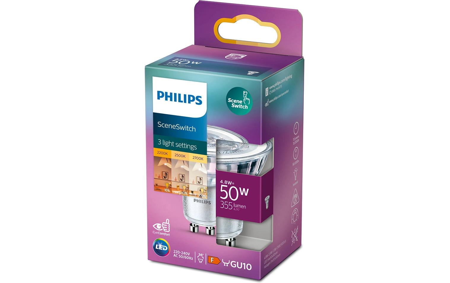 Philips by Signify Philips LED-Leuchtmittel GU10, Reflektor – 355 lm, 4,8 W, Warmweiss 2700 K, 36° – 1 Stk., Silber