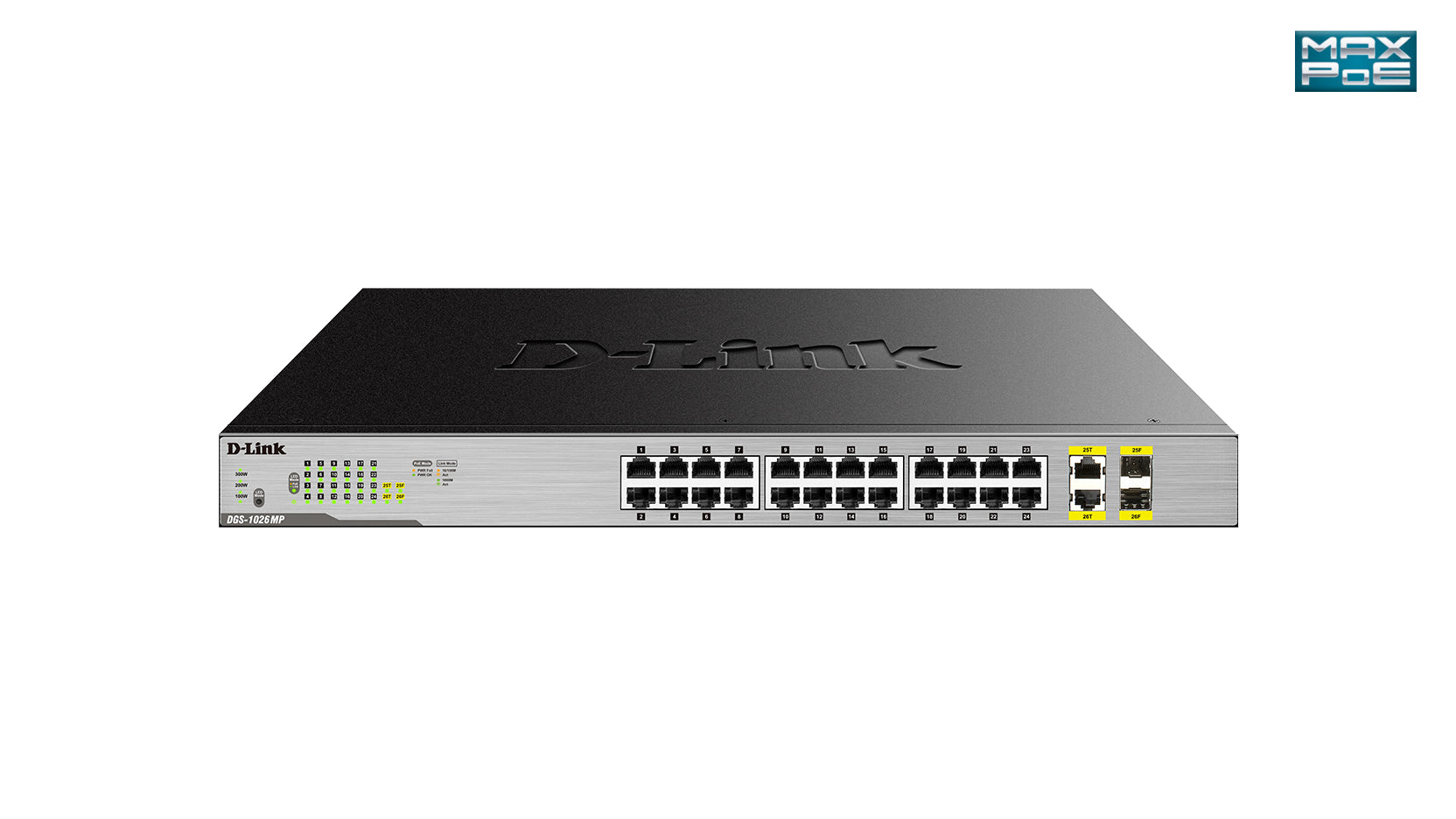 D-Link DGS-1026MP – Unmanaged Switch – 24× 1G, 2× SFP (Combo), PoE+, PoE-Budget 370 W, 19", 1U