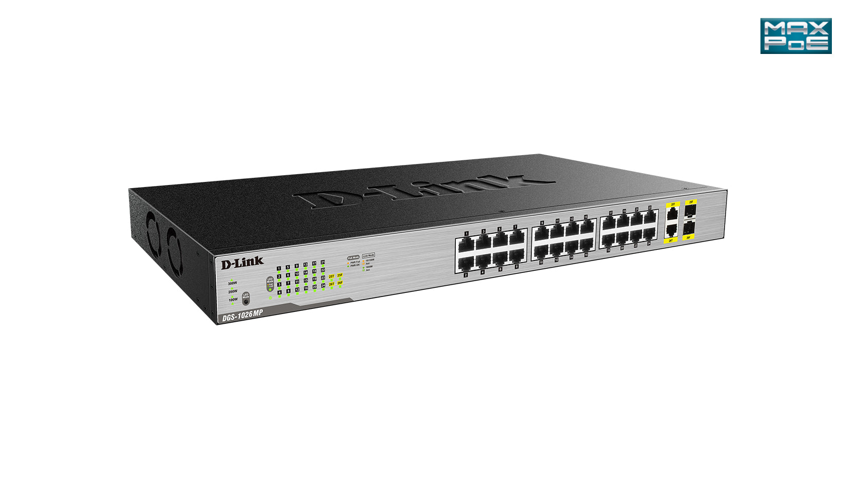 D-Link DGS-1026MP – Unmanaged Switch – 24× 1G, 2× SFP (Combo), PoE+, PoE-Budget 370 W, 19", 1U