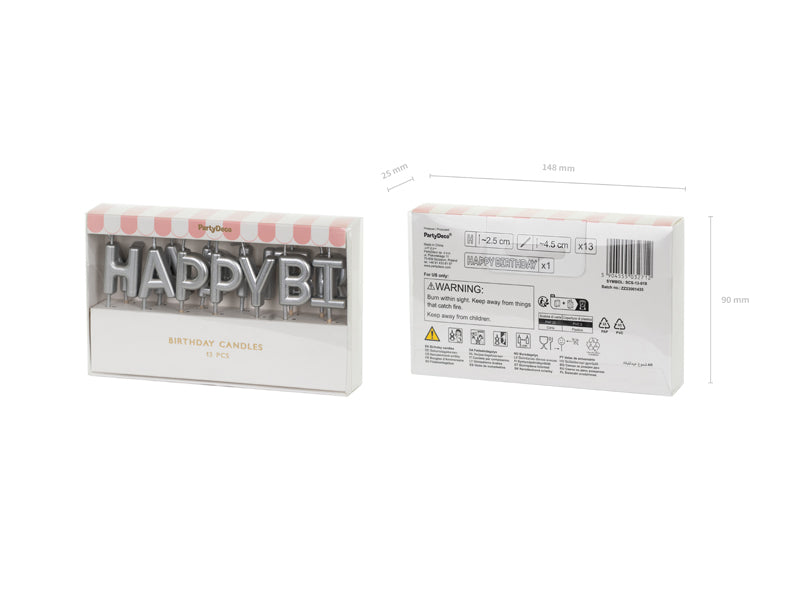 PartyDeco Geburtstagskerzen Happy Birthday – Silber – 2,5 cm – 13 Stk