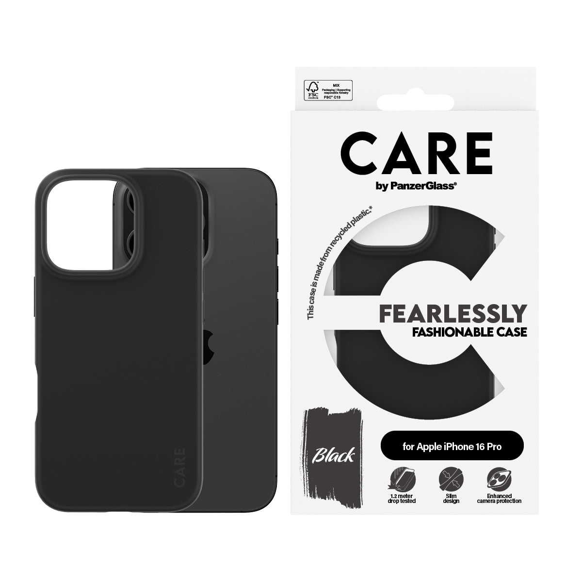 PanzerGlass CARE Backcover – für Apple iPhone 16 Pro, TPU+Silikon, Schwarz, bis 1,2 m sturzsicher