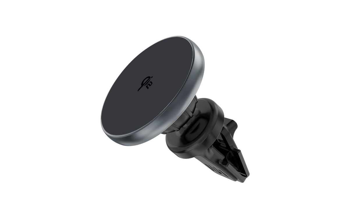 4smarts Qi2 Ladepuck Kabelloses Ladegerät 15 W – MagSafe – für Apple iPhone, Autolüftungsmontage, Grau