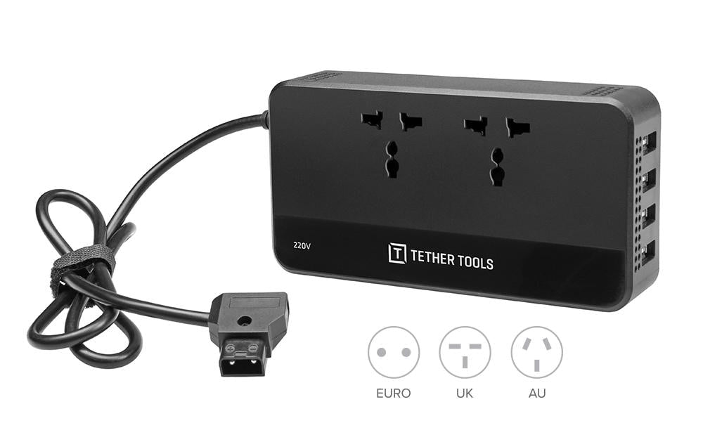 Tether Tools ONsite D-Tap Adapter D-Tap zu AC – 2 AC-Ausgänge, 4× USB-Anschlüsse, 200 W, 220 V Eingang