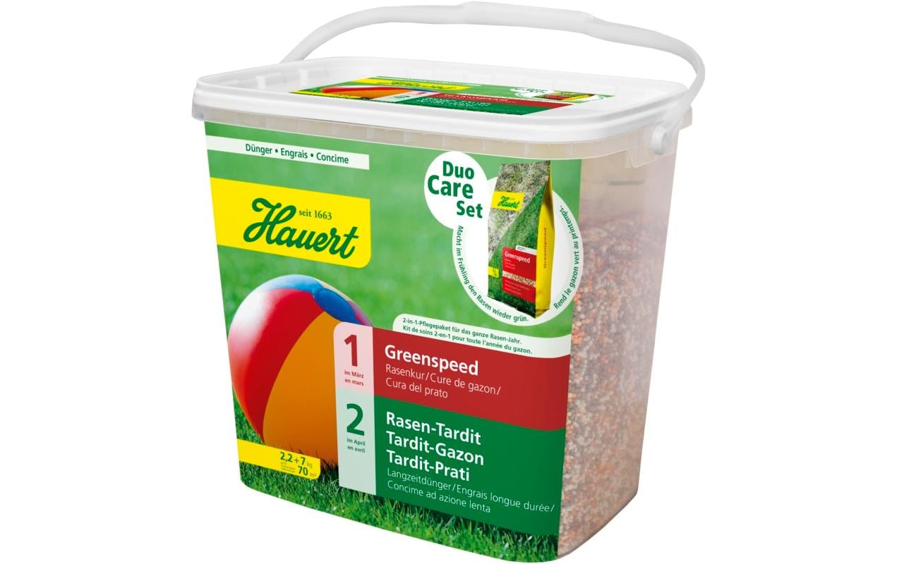 Hauert Mehrnährstoffdünger Granulat, Duo CareSet Rasen-Tardit+ Greenspeed, 9,2 kg – 1 Stück