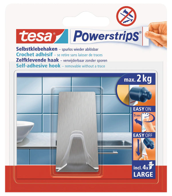 TESA Klebehaken – Edelstahl, 2 kg, Klebestreifen, 3,2×2,0×6,0 cm, Silber