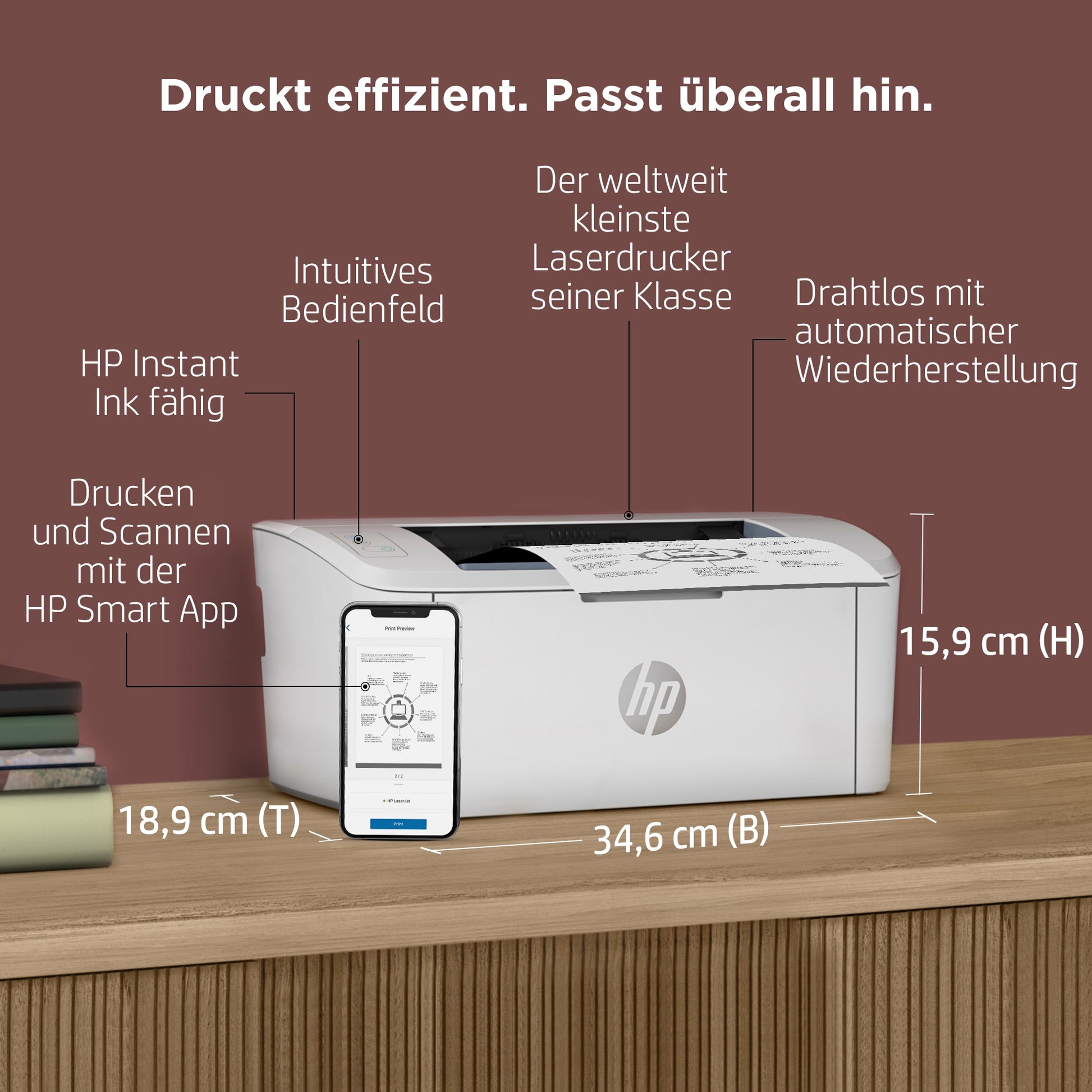 HP LaserJet M110w – Schwarz-Weiss, A4, WLAN, LAN, USB, 20 Seiten pro Minute, AirPrint, Mopria