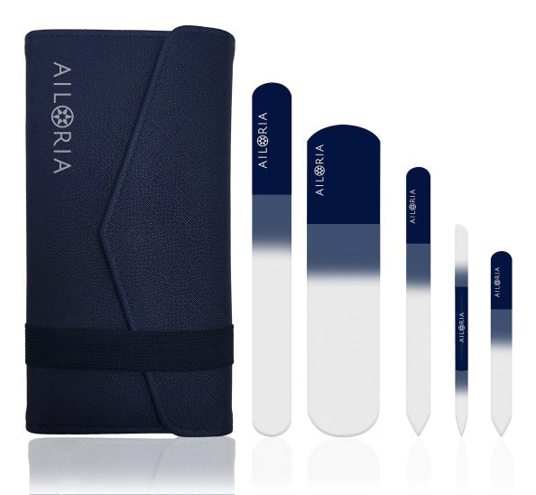 Ailoria Nagelfeilenset CONTOUR LUXE – 5 Stk – blau – Glas, Kunststoffetui
