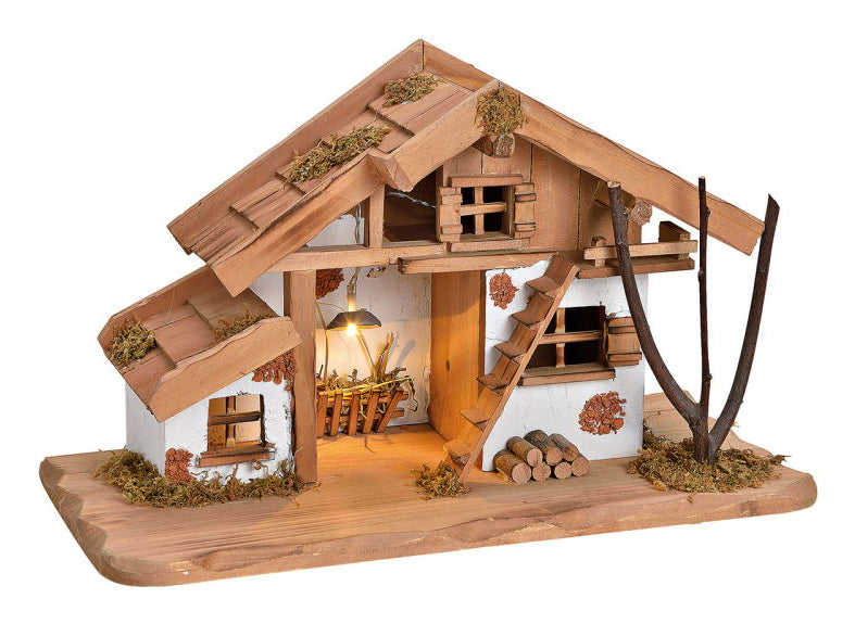 G. Wurm Krippe mit LED – 39 × 23 × 19 cm – Kiefer & MDF, natur