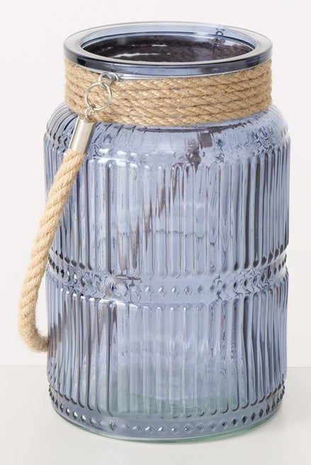 Boltze Windlicht – Glas & Jute & Textil, blau – Ø 13,5 × 21 cm