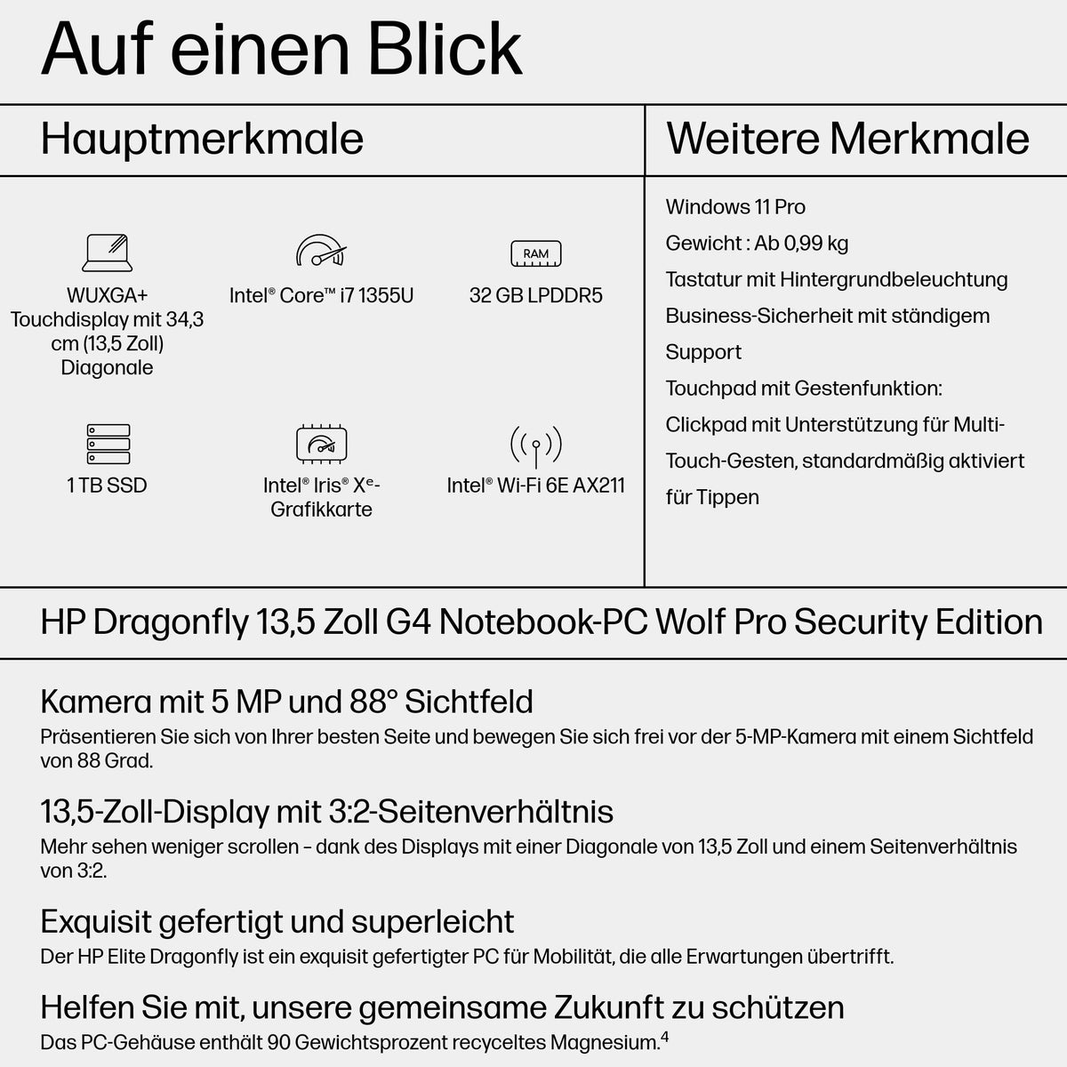 HP Elite Dragonfly G4 Wolf Pro – 13,5" WUXGA+ Touch, Core i7-1355U, 32 GB, 1 TB SSD, Win 11 Pro