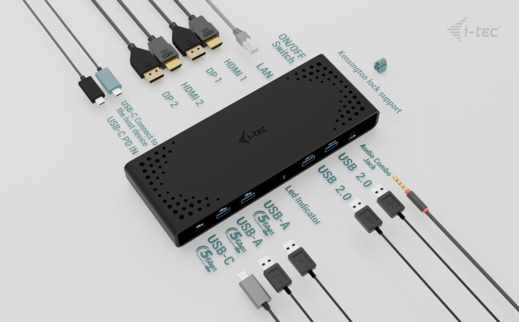 I-TEC Uni Dual 4K Dockingstation – USB-C, 2× DP, 2× HDMI, 4× USB-A, 85 W PD, GbE, für Windows/Mac