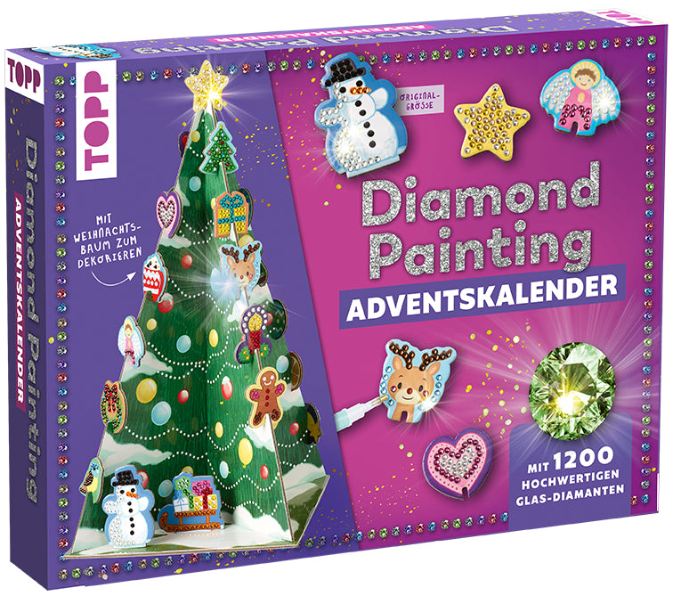 TOPP Verlag Adventskalender – Weihnachten – Aufstellbaum 30 cm – 1200 Diamanten – 24-teilig – ab 7 Jahren