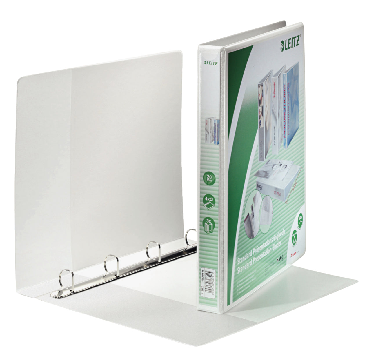 Leitz Zeigebuch – A4 – 4-Ring, Ø 20 mm, Rücken 38 mm – Weiss, Karton