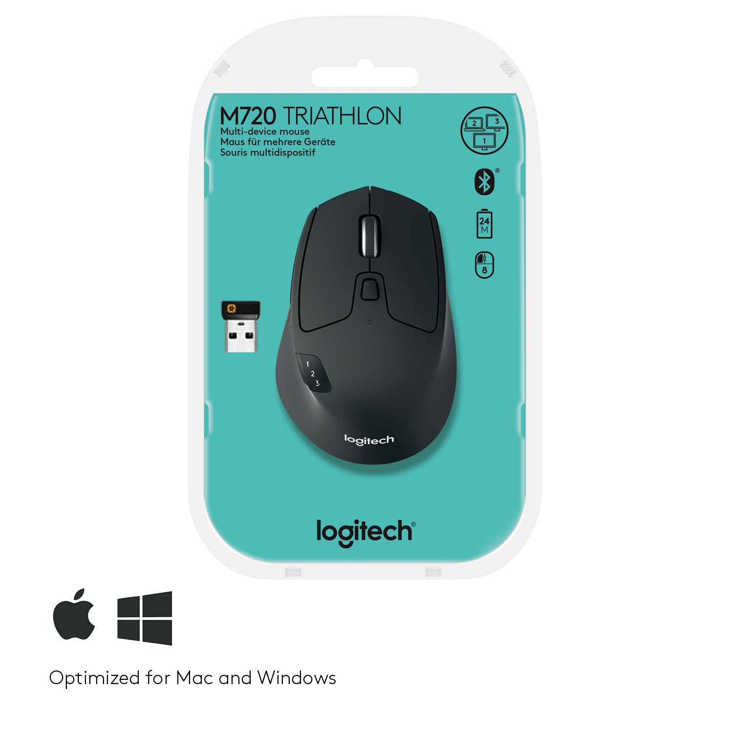 Logitech M720 Triathlon – Maus – Kabellos (Bluetooth/2,4 GHz), 1000 DPI, rechts, Schwarz